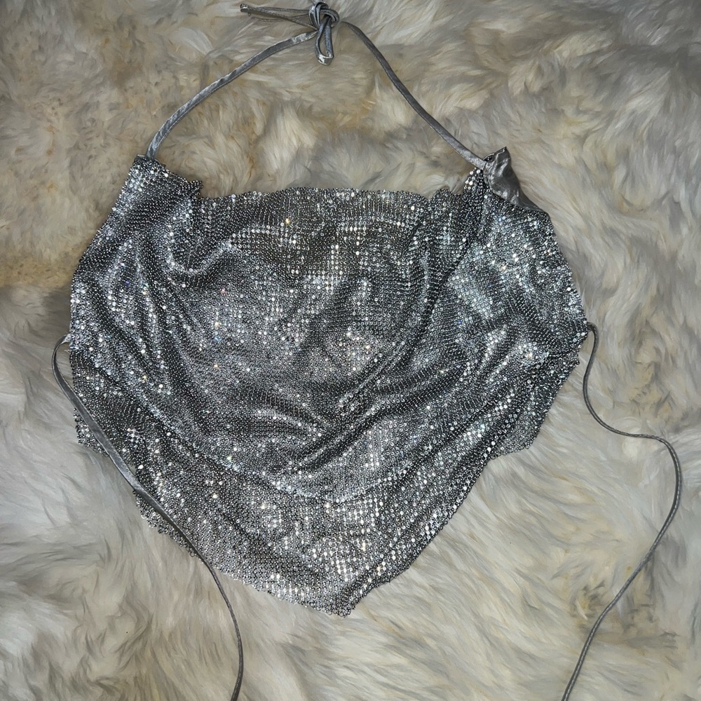 SILVER RHINESTONE HALTER TOP